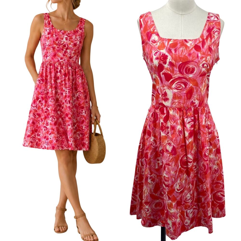 Garnet Hill Rose Printed Cotton Dress Fit & Flare Square Scoop Neck Pink Red 8
